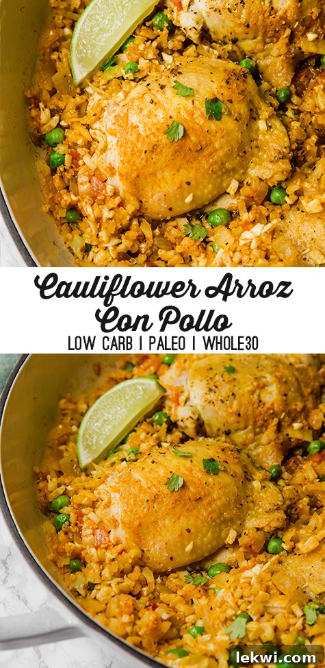 A beautifully plated serving of low-carb cauliflower arroz con pollo, garnished with fresh cilantro and a lime wedge, ready to be enjoyed.