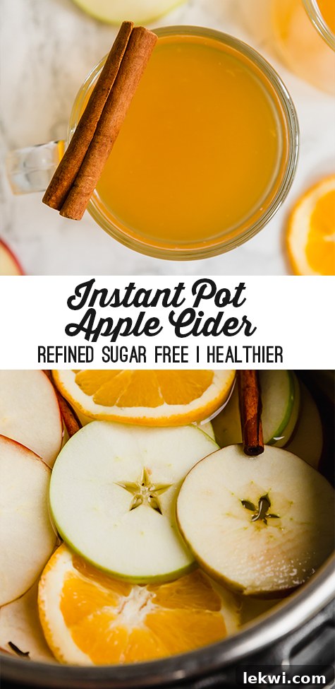 A final beautifully styled image of a glass of instant pot apple cider, garnished with cinnamon and orange, against a warm autumnal background, perfect for pinning.
