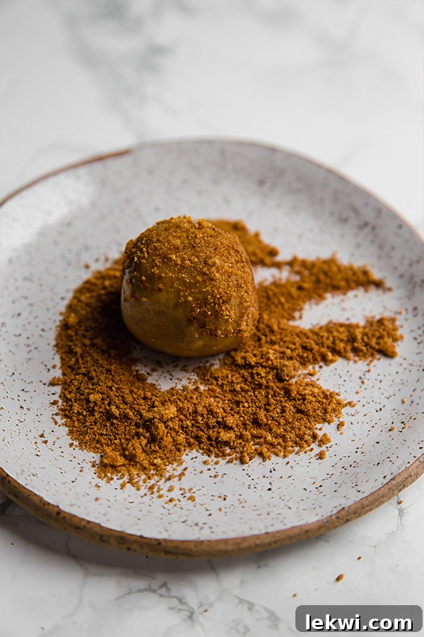 A ball of snickerdoodle dough generously covered in a shimmering cinnamon sugar mixture, resting on a small white plate.