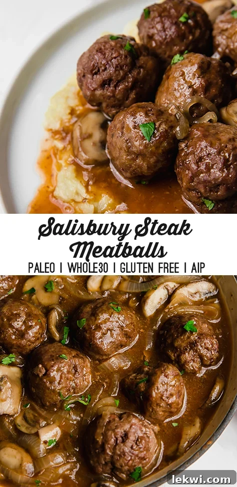 A Pinterest-optimized image showcasing Salisbury Steak Meatballs on a white plate with mashed cauliflower.