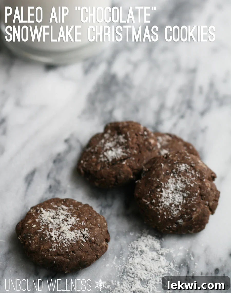 Delicious Paleo AIP "Chocolate" Snowflake Christmas Cookies on a festive plate