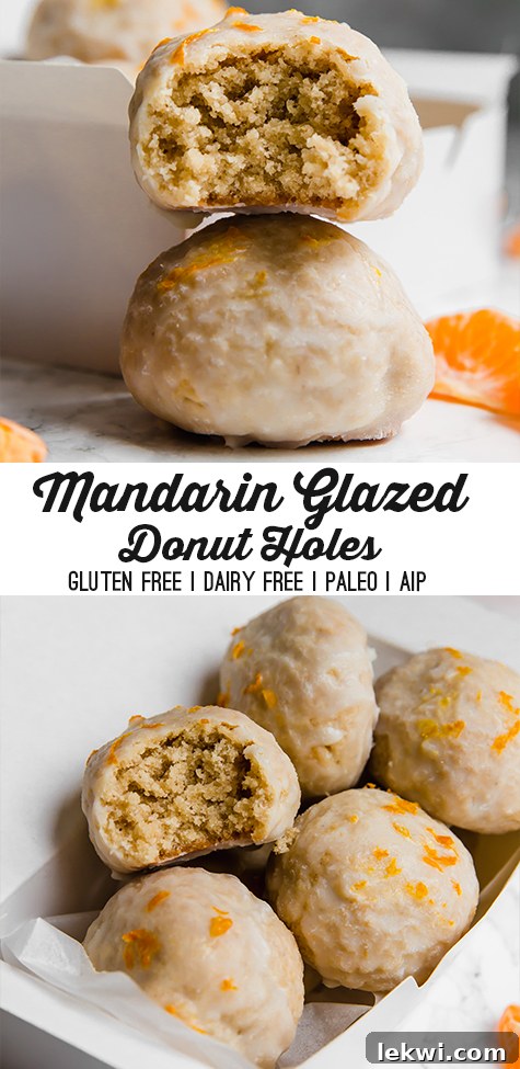A white container filled with mandarin donut holes with a bite taken out of one of them with text reading \"mandarin glazed donut holes gluten free dairy free paleo aip\"