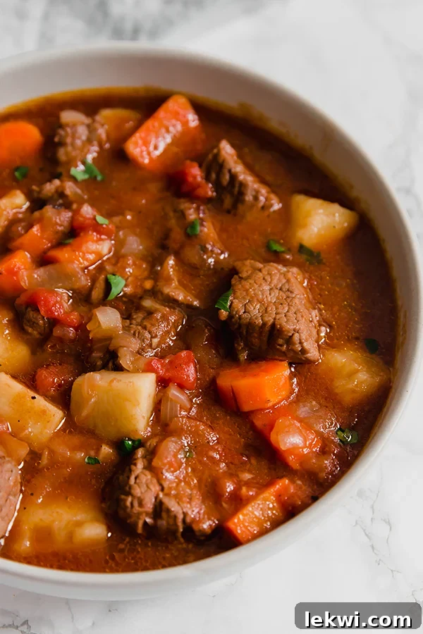 A white bowl filled with Greek Inspired Tomato Beef Stew.