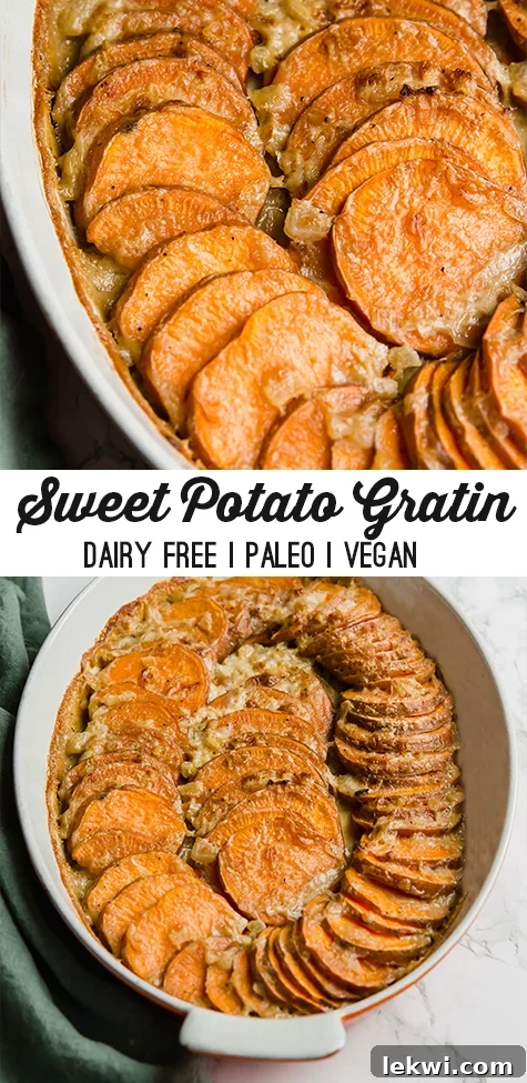 Pin image for Healthy Sweet Potato Gratin, highlighting it as a dairy-free, paleo, whole30, AIP, and vegan holiday side dish.