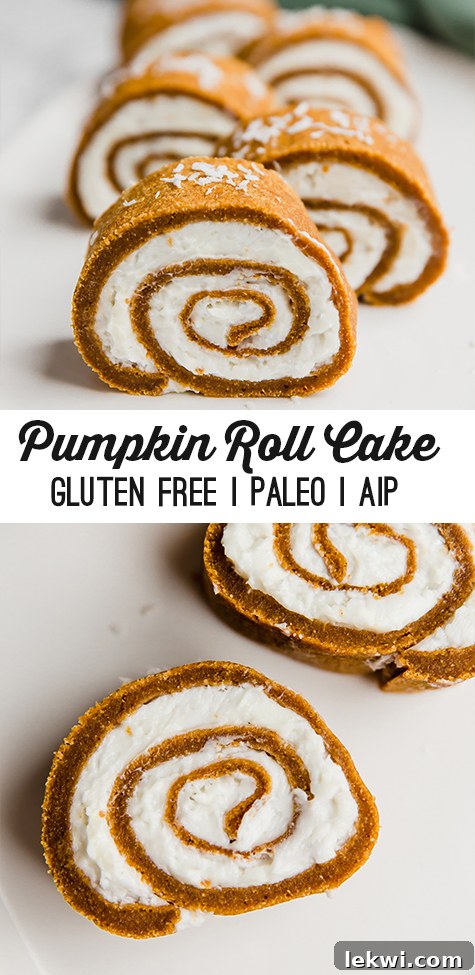 Pinterest pin image for Paleo AIP Pumpkin Roll, showcasing a beautifully decorated roll with fall leaves.