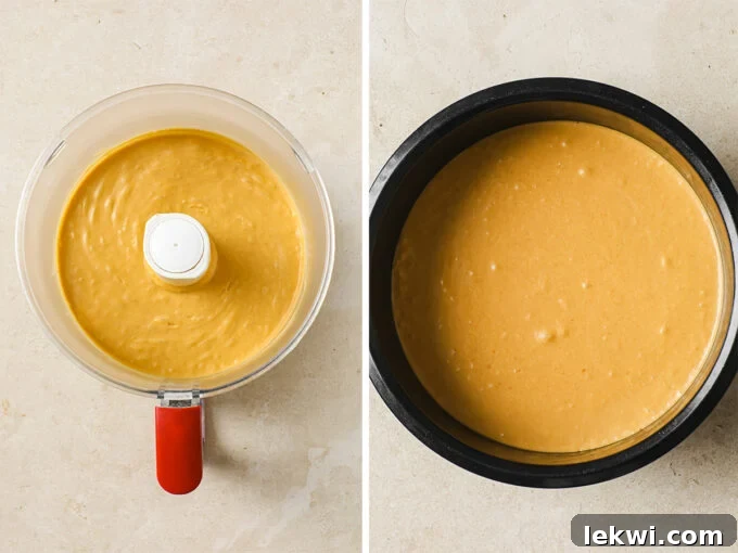 A side-by-side photo showing the creamy pumpkin cheesecake filling in a food processor and then poured into a baking pan over the crust.