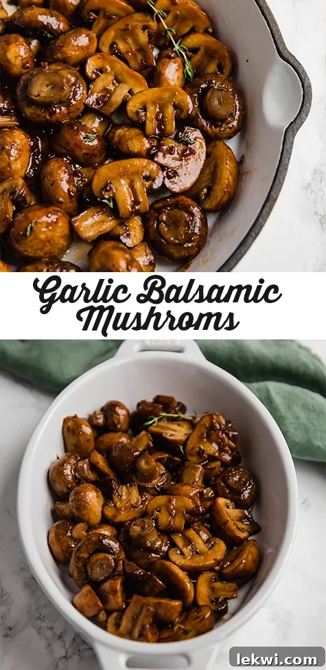 A high-angle shot of garlic balsamic mushrooms in a white bowl, perfect for a Pinterest pin.