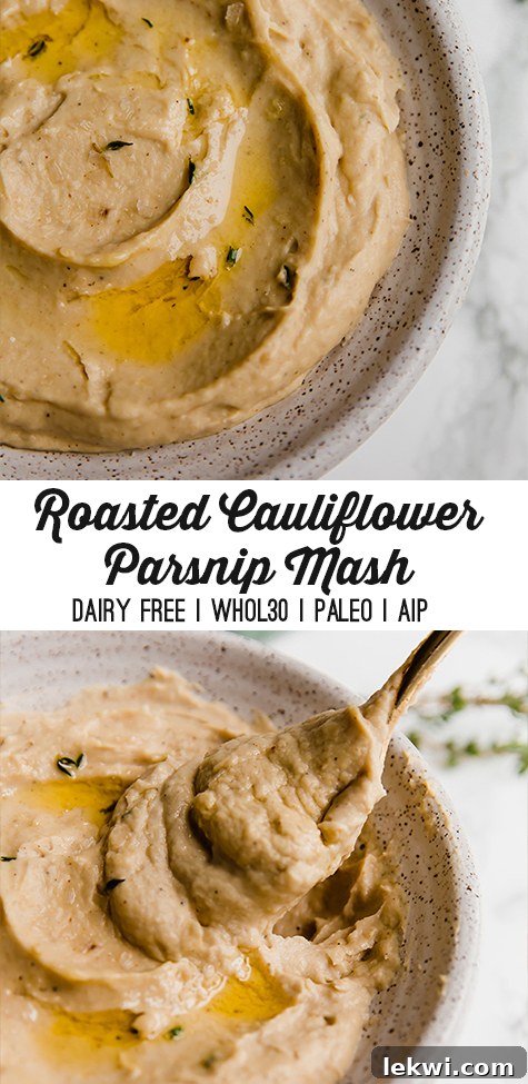 A beautifully arranged serving of roasted cauliflower and parsnip mash, garnished with fresh herbs, suitable for sharing on social media.