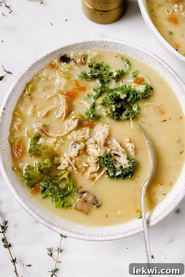 A white ceramic bowl filled with hearty, creamy turkey and vegetable soup, with a silver spoon resting in it, ready to be enjoyed.