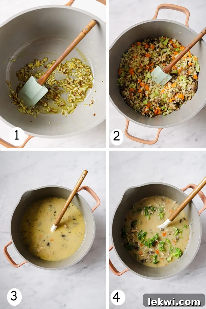 Step-by-step photos of the cooking process for making creamy turkey and vegetable soup, showing sautéing vegetables, adding broth, and simmering ingredients.