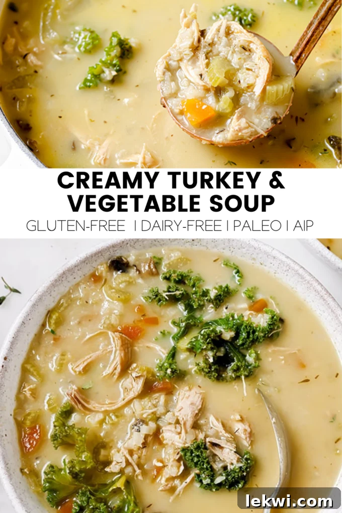 A white ceramic bowl filled with creamy turkey and vegetable soup, accompanied by a silver spoon. Text overlay reads "Creamy Turkey & Vegetable Soup - Gluten-Free, Dairy-Free, Paleo, AIP".