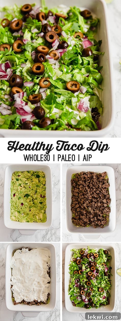 A white baking dish filled with paleo taco dip with text reading "healthy taco dip whole30 paleo aip"