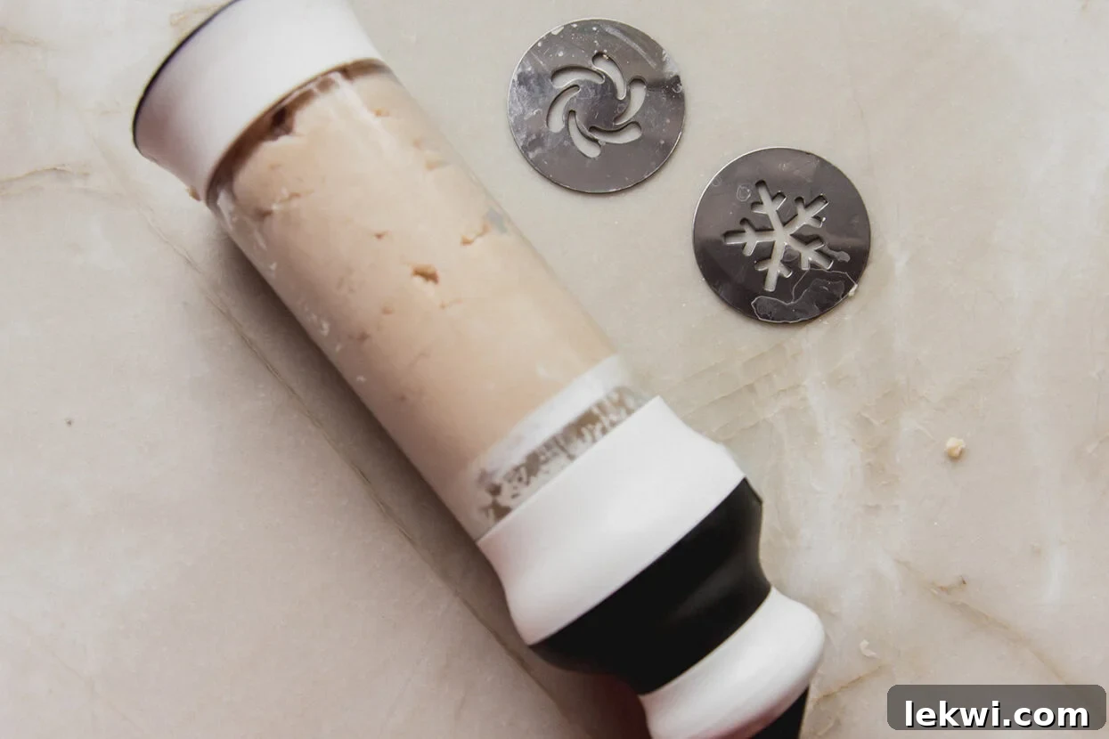 Cookie press with the cookie dough inside