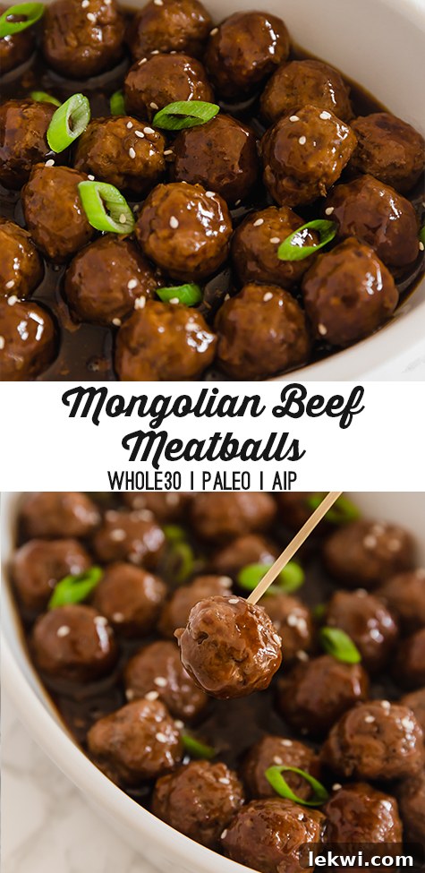 A final beautiful overhead shot of Mongolian Beef Meatballs, perfectly sauced and garnished, arranged for an appealing culinary presentation.