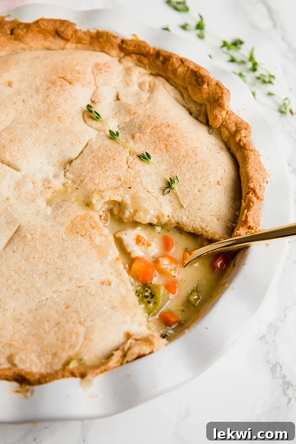 A golden-brown Paleo and AIP chicken pot pie with a slice taken out, revealing the creamy chicken and vegetable filling. A spoon rests in the dish, inviting a taste.