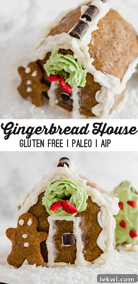 A homemade gingerbread house with a gingerbread man leaning against it and text reading \"gingerbread house gluten free paleo aip\"