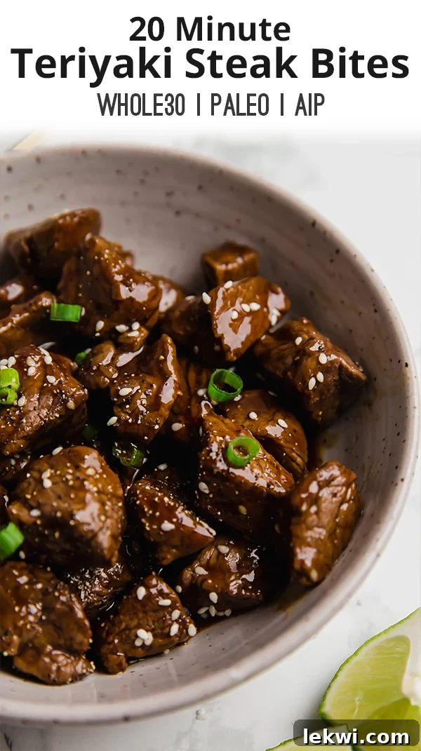 A perfectly arranged, large image of teriyaki steak bites on a clean background, ready for a social media share.