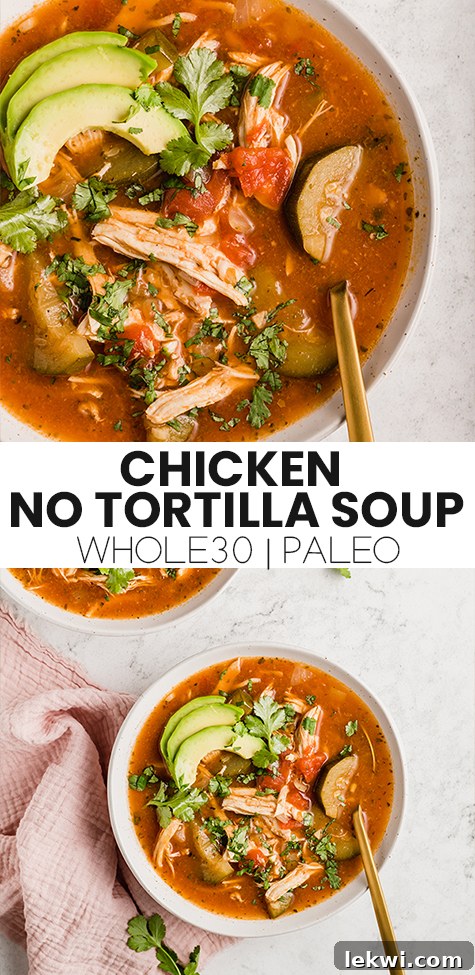 Collage with text "Chicken No Tortilla Soup Whole30 | Paleo."
