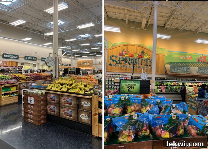 A beautifully arranged aisle within Sprouts, showcasing an abundant selection of fresh, colorful produce, including organic fruits and vegetables.