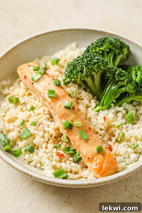 Bang bang salmon over cauliflower rice.