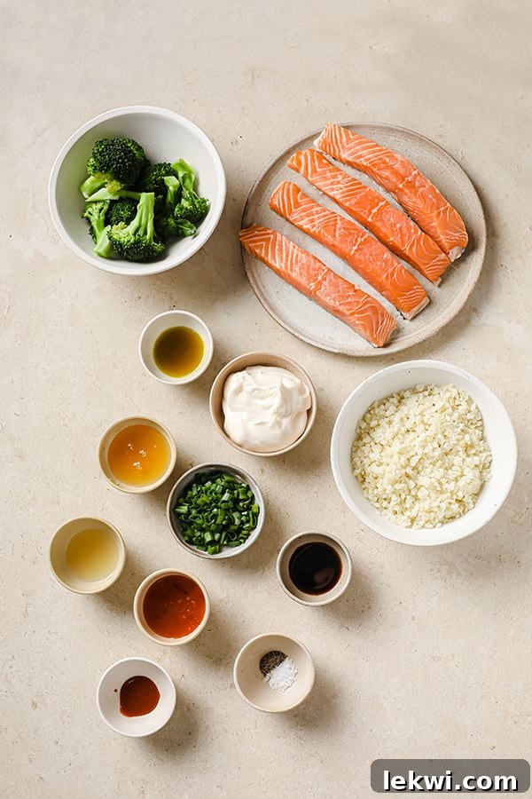 bang bang salmon ingredients in seperate bowls