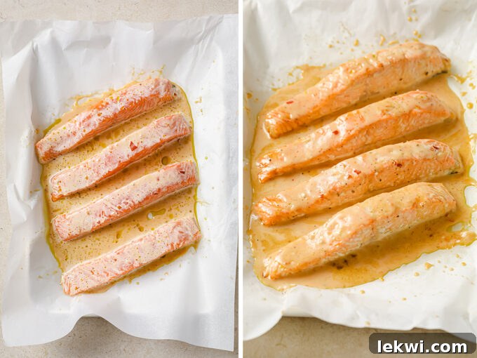 bang bang salmon before and after being baked. 