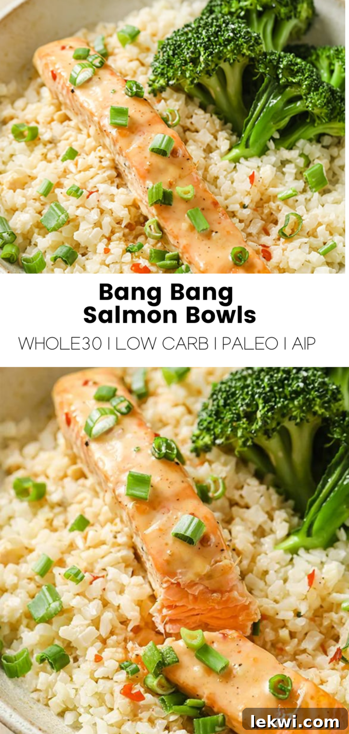 Collage with text \"Bang Bang Salmon Bowls Whole30 | Low Carb | Paleo | AIP.\"