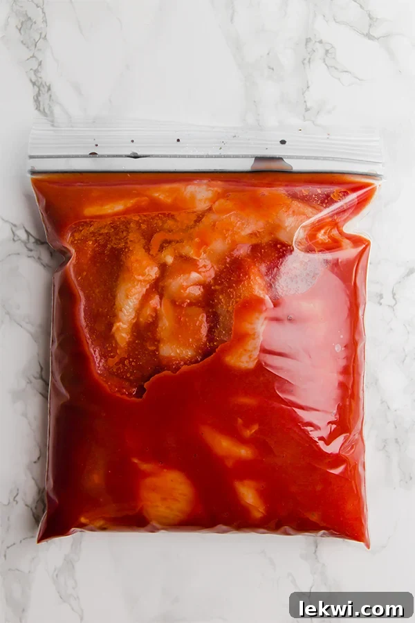 A clear plastic bag filled with uncooked ingredients for slow cooker Indian butter chicken, ready to be frozen.