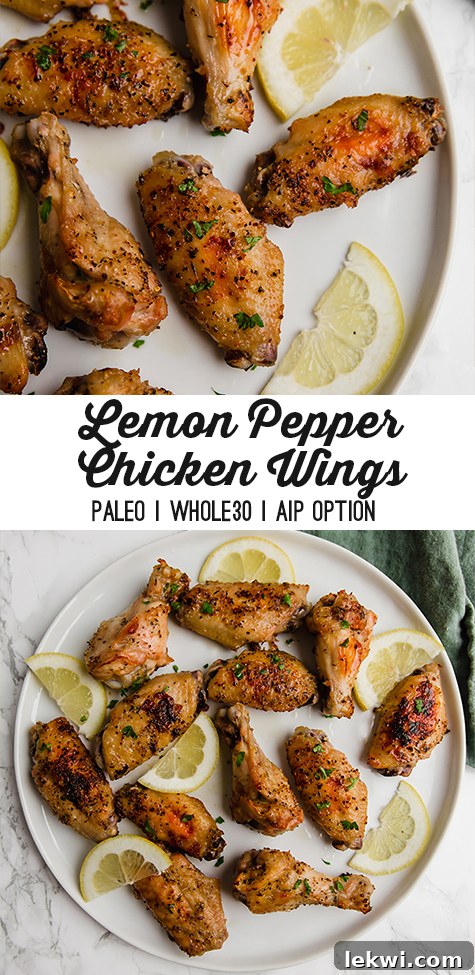 A white plate filled with lemon pepper chicken wings and slices of lemon with text reading "lemon pepper chicken wings paleo whole30 aip option"