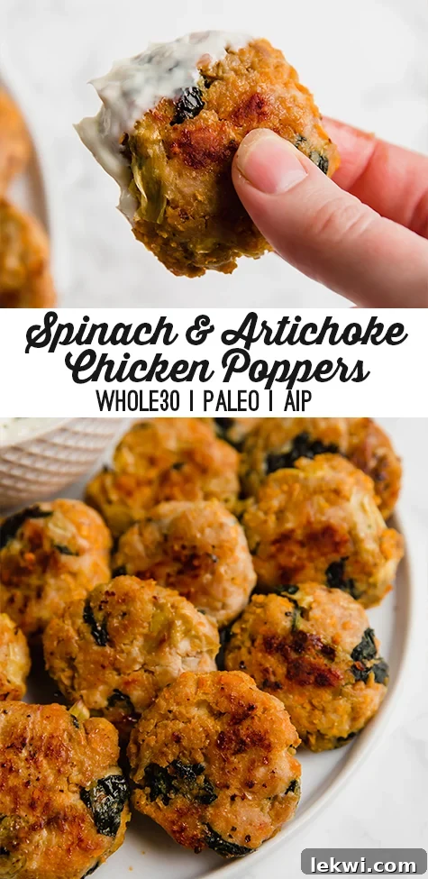 A Pinterest-optimized image showcasing spinach and artichoke chicken poppers on a white plate, perfect for social sharing.