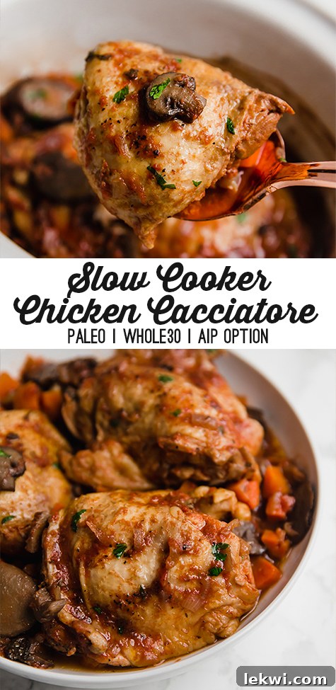 A serving bowl filled with slow cooker chicken cacciatore with text reading \"slow cooker chicken cacciatore paleo whole30 aip option\"