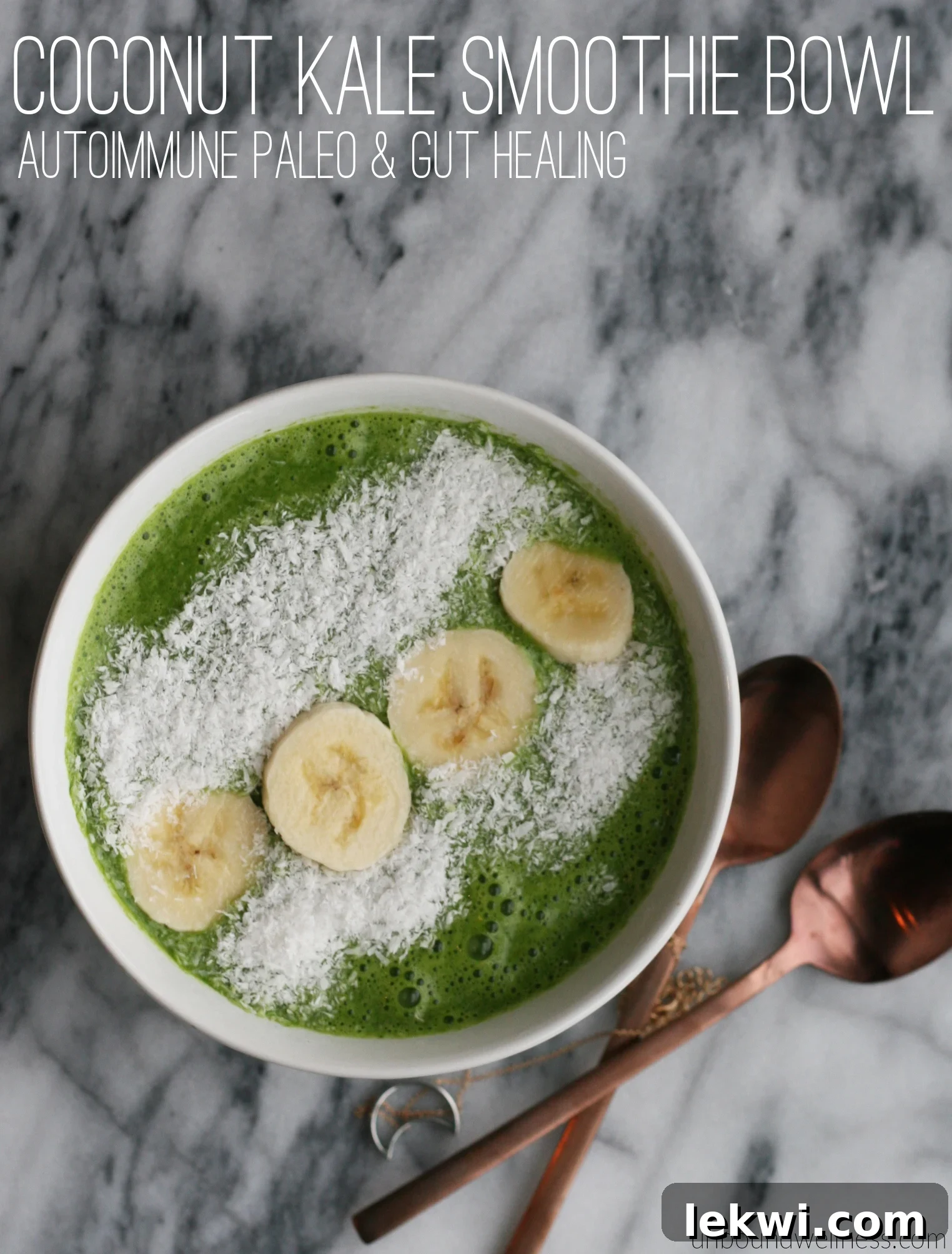 A vibrant green smoothie bowl topped with fresh banana slices and coconut flakes, inviting healthy eating.