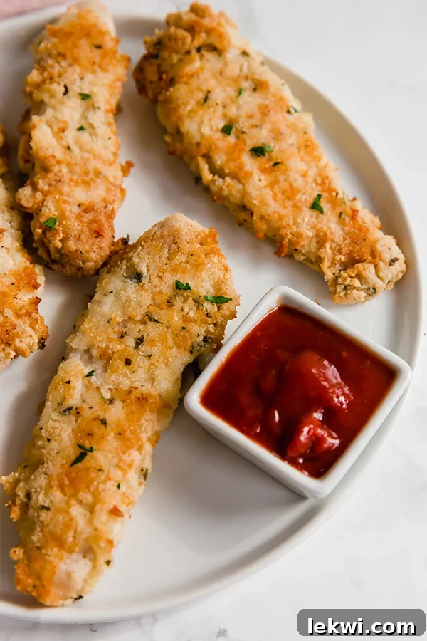 Golden brown paleo chicken tenders on a white plate, ready to be served.