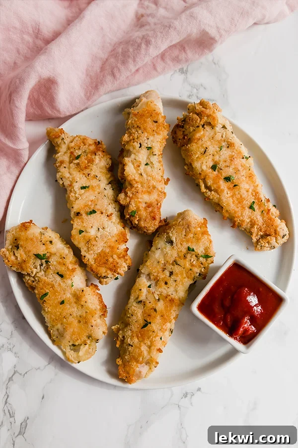A white plate topped with homemade chicken tenders with dipping sauce in a small cup nearby.