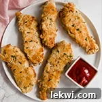 A white plate topped with homemade chicken tenders with a small container of dipping sauce nearby.