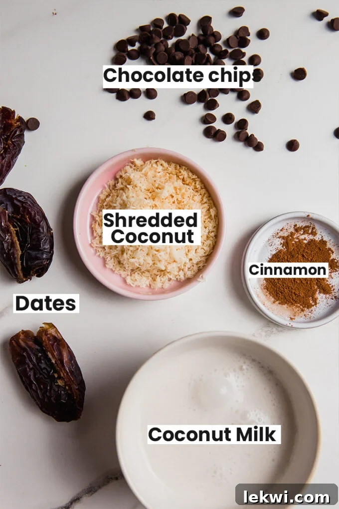 Individual ingredients for Samoa truffles, including medjool dates, chocolate chips, and toasted coconut, arranged in bowls.