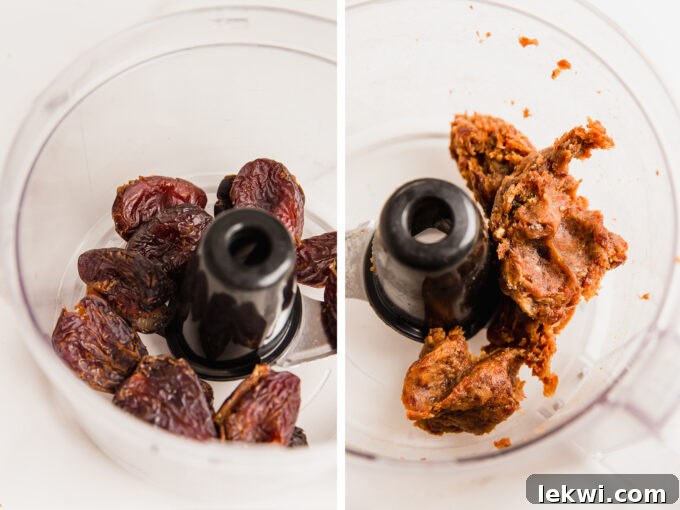 Dates before and after processing, showing whole dates and a smooth date paste in a food processor.