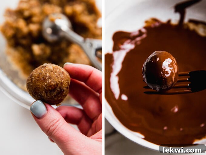 Comparison image showing a plain Samoa truffle ball and a fully chocolate-coated and coconut-topped truffle.