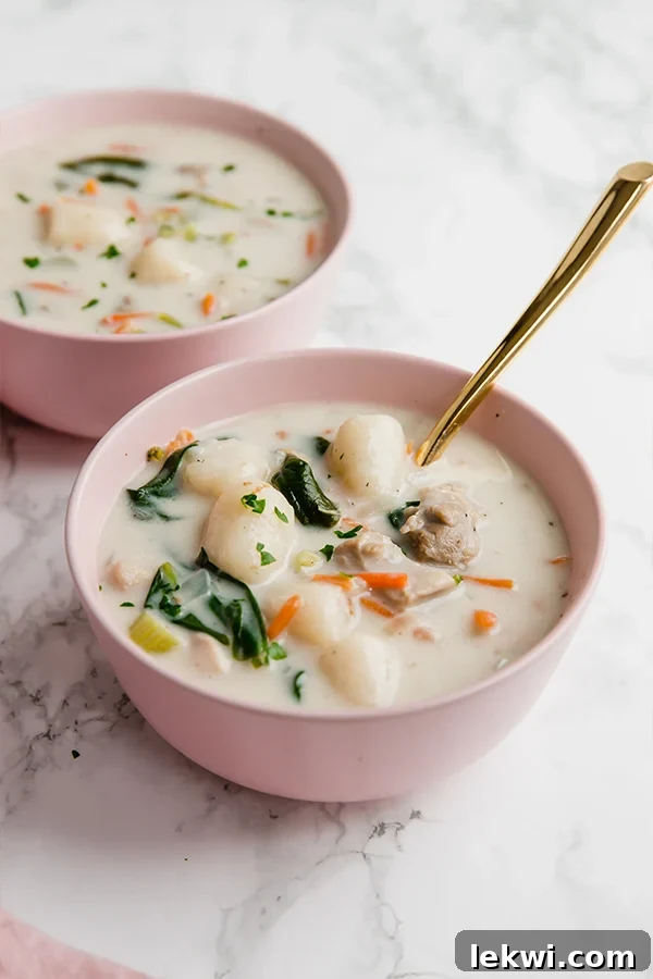 A close-up of a serving of gnocchi chicken soup in a bowl, highlighting the creamy broth, tender chicken, soft gnocchi, and vibrant spinach leaves, garnished with fresh parsley.