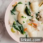 A pink bowl filled with gnocchi chicken soup.