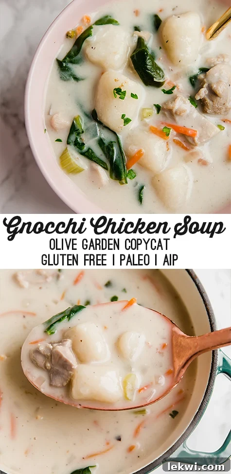 A beautifully styled image of Gnocchi Chicken Soup in a bowl, perfect for pinning, showcasing the delicious and healthy nature of this Olive Garden copycat recipe.