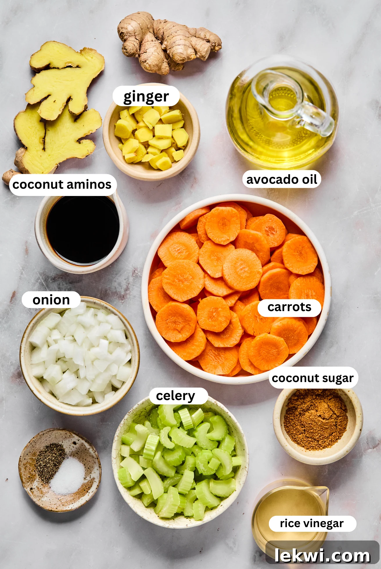 Japanese ginger dressing ingredients in bowls.
