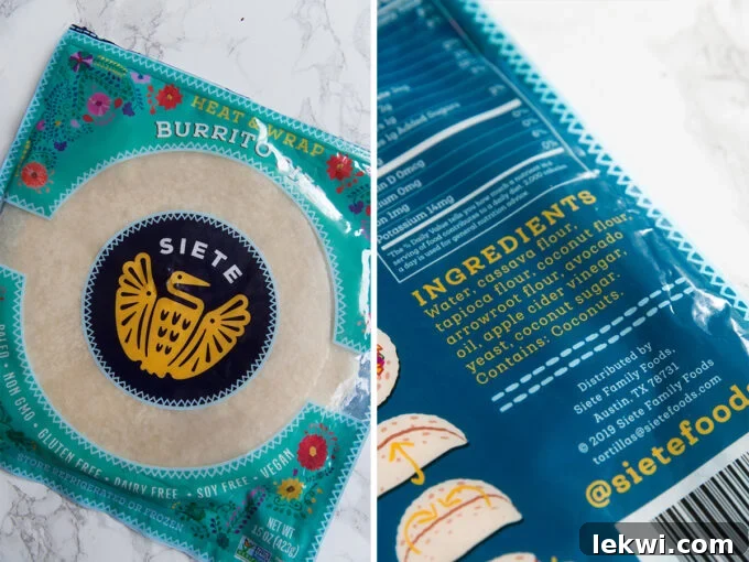 A package of Siete burrito tortillas with photos of the back and front.