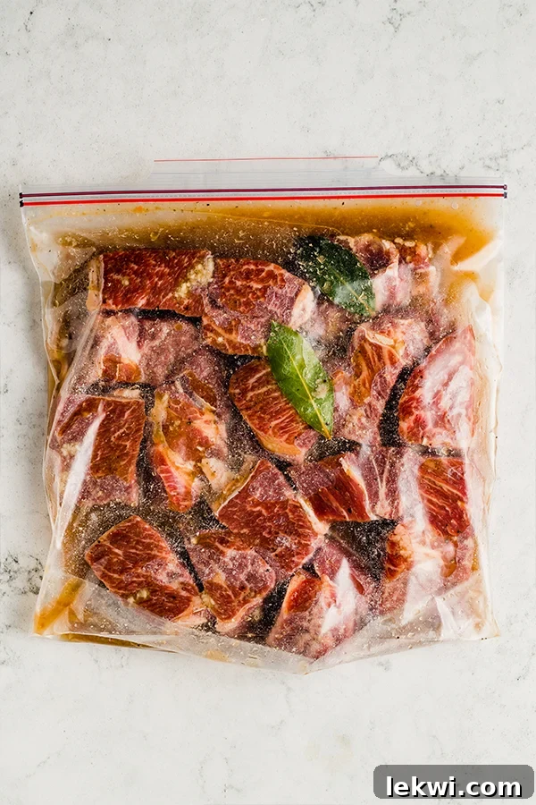 Raw beef chuck roast, cut into cubes, ready for freezing in a bag with broth and bay leaves.