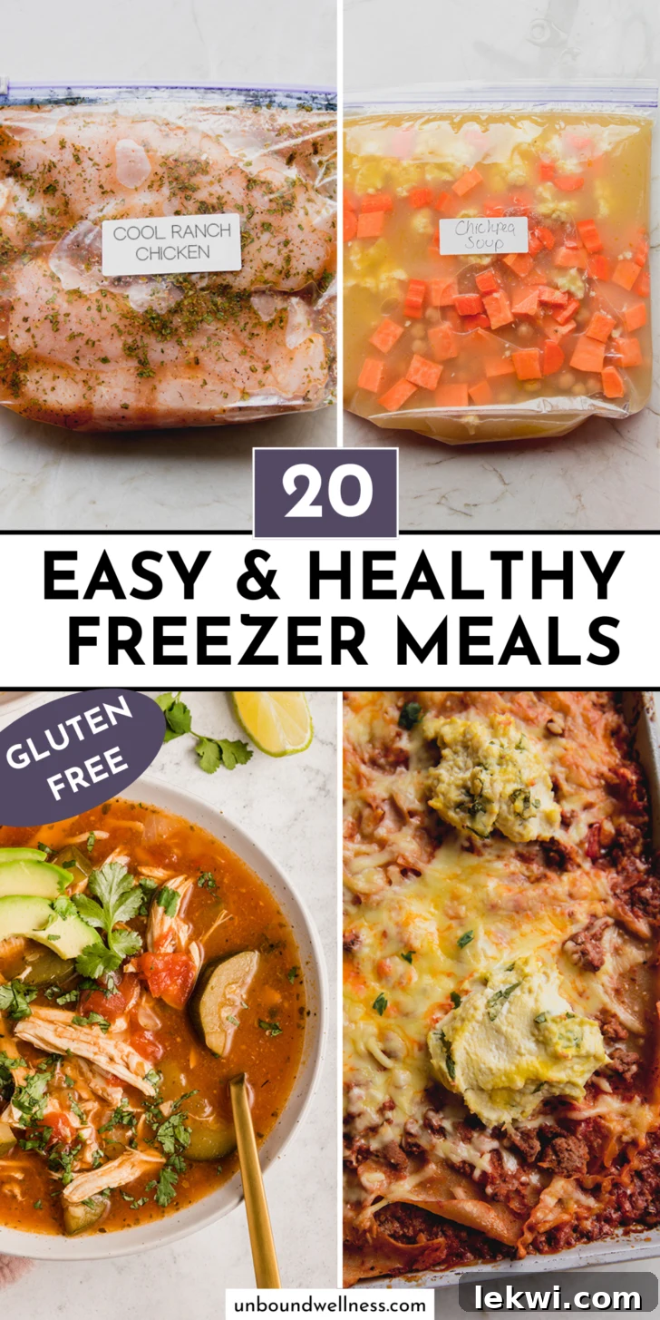 A vibrant food collage showcasing various healthy, gluten-free freezer meals, with text reading '20 Easy & Healthy Freezer Meals Gluten Free.'