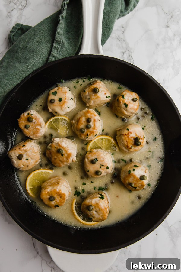 chicken piccata meatballs in skillet