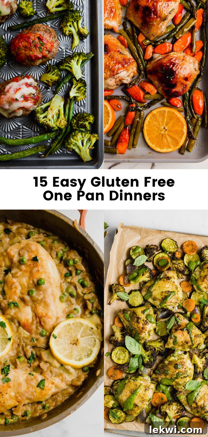 Collage of various one-pan gluten-free meals including chicken pesto, citrus chicken, and pasta bakes.