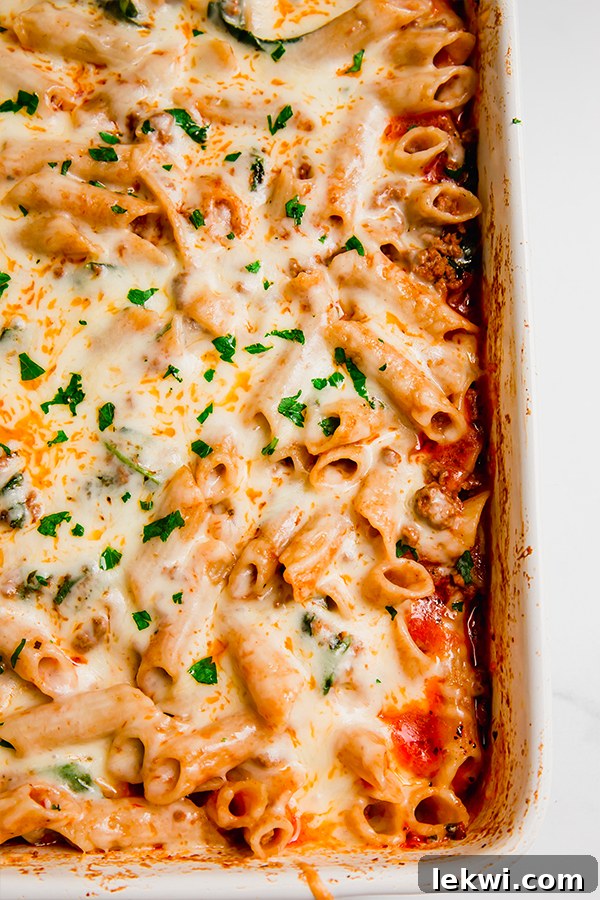 A satisfying no-boil pasta bake presented in a baking dish, ready to serve.
