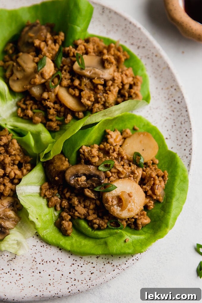 Flavorful chicken lettuce wraps presented on a plate, ready to be enjoyed.