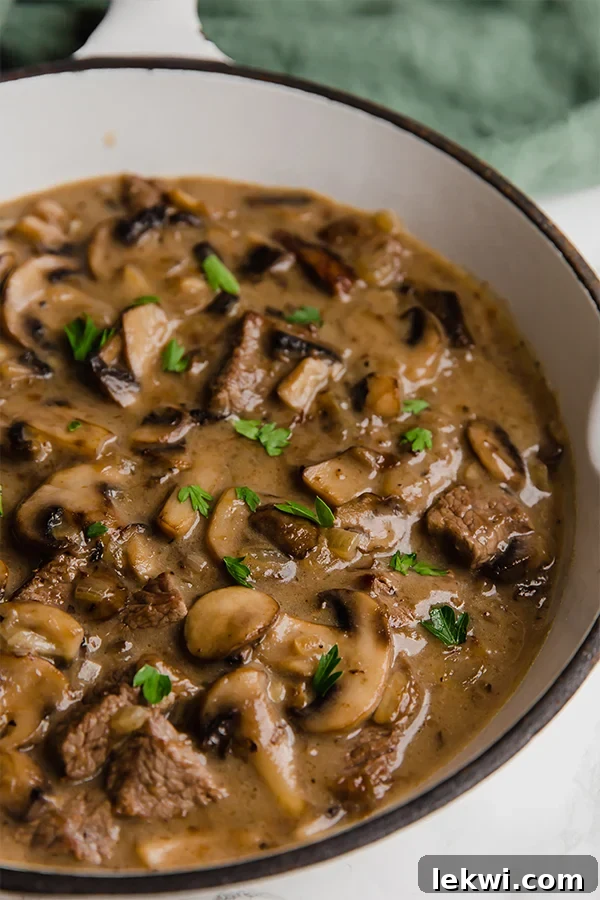 A pan filled with beef stroganoff topped with fresh herbs.